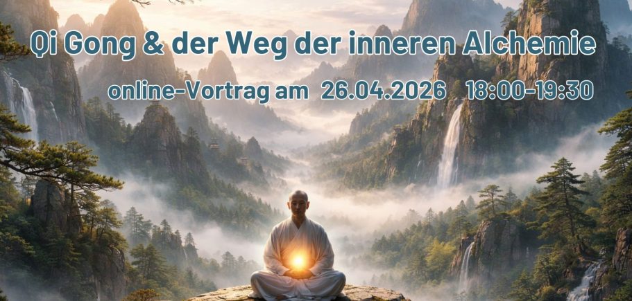Eine junge Frau meditiert im Freien, umgeben von Bäumen, mit Text zu einem Qigong-Event.