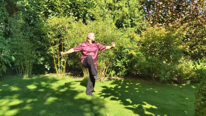 Mann in Hemd und Hose tanzt fröhlich im Garten zwischen hohen Bäumen und Sträuchern.