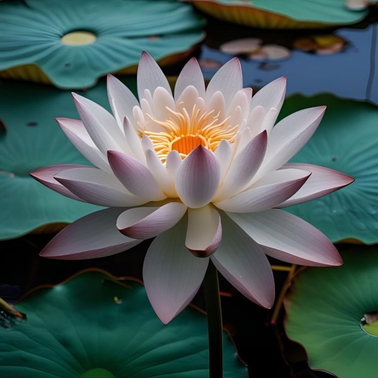 Eine blühende Seerose mit weißen Blütenblättern und gelbem Zentrum, umgeben von grünen Blättern.