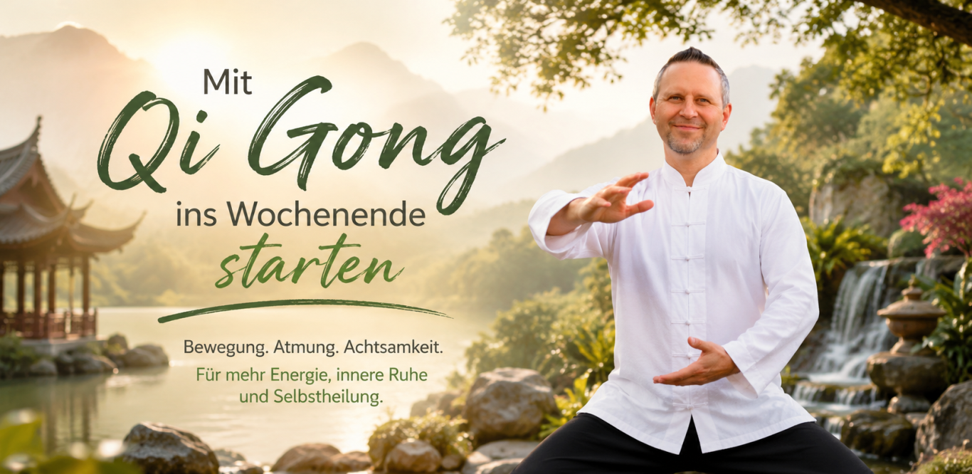 Person in traditioneller Kleidung steht am Wasser und führt eine Übung aus.