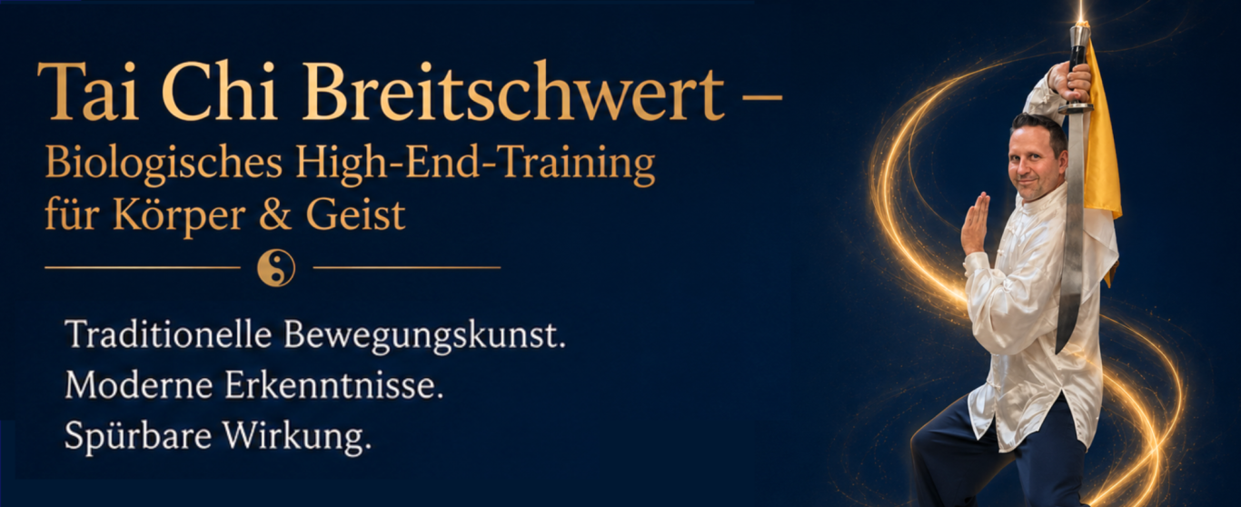 Kampfsportler in traditioneller Kleidung, bereit mit dem Schwert bei Sonnenuntergang.
