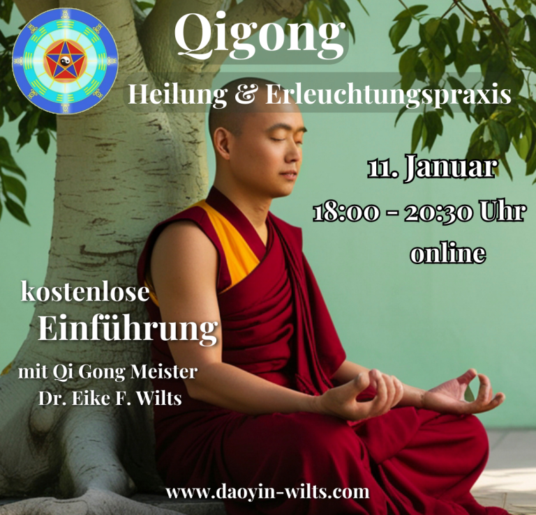 Eine junge Frau meditiert im Freien, umgeben von Bäumen, mit Text zu einem Qigong-Event.