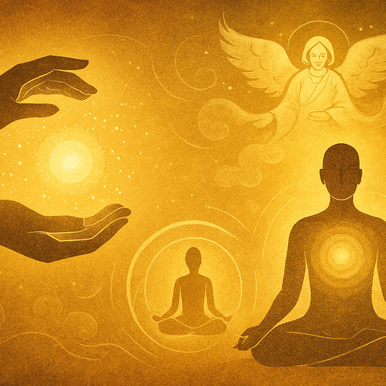 Ein Qi Gong-Heiler zeigt eine Behandlung neben einer Statue in einem hellen Raum.