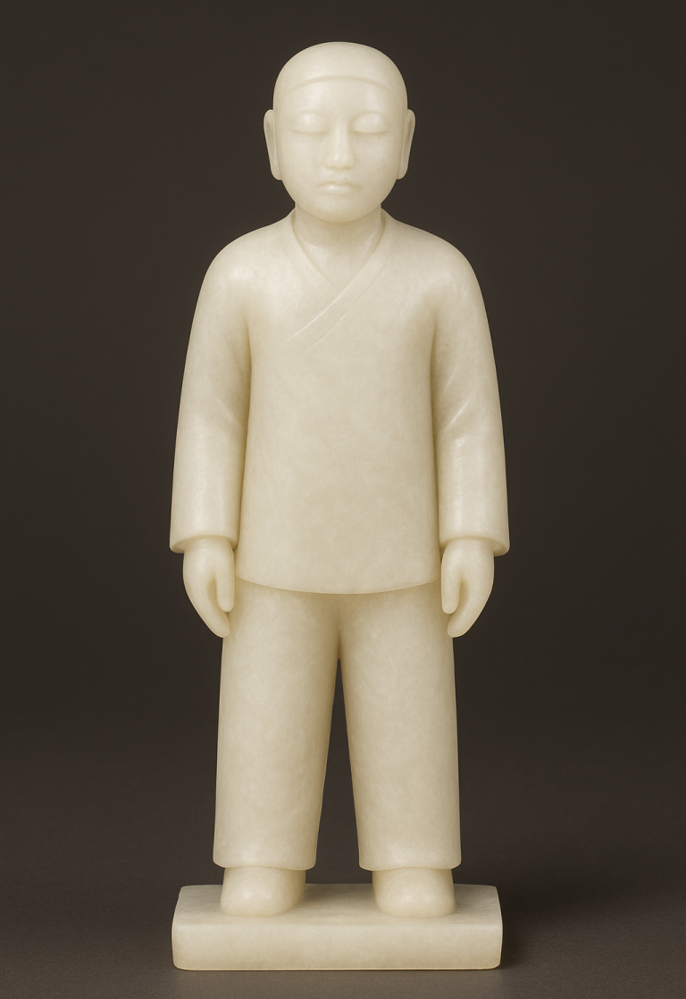 Eine beige Figur eines stehenden Mannes mit durchgehendem Outfit und neutralem Gesichtsausdruck.