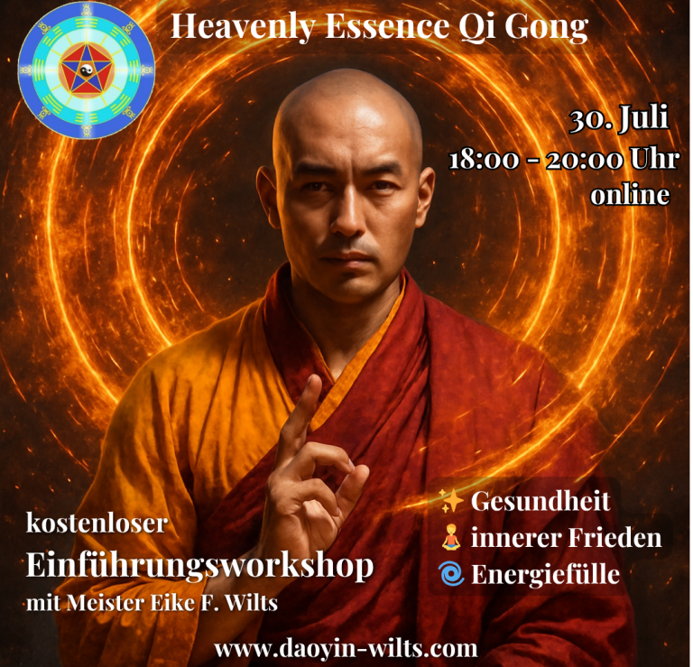 Eine junge Frau meditiert im Freien, umgeben von Bäumen, mit Text zu einem Qigong-Event.