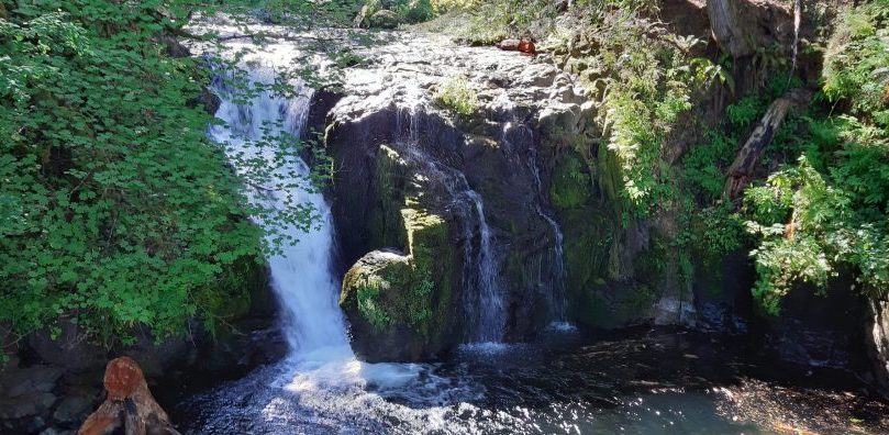 Wasserfall in einer grünen Umgebung mit fließendem Wasser und felsigen Klippen.