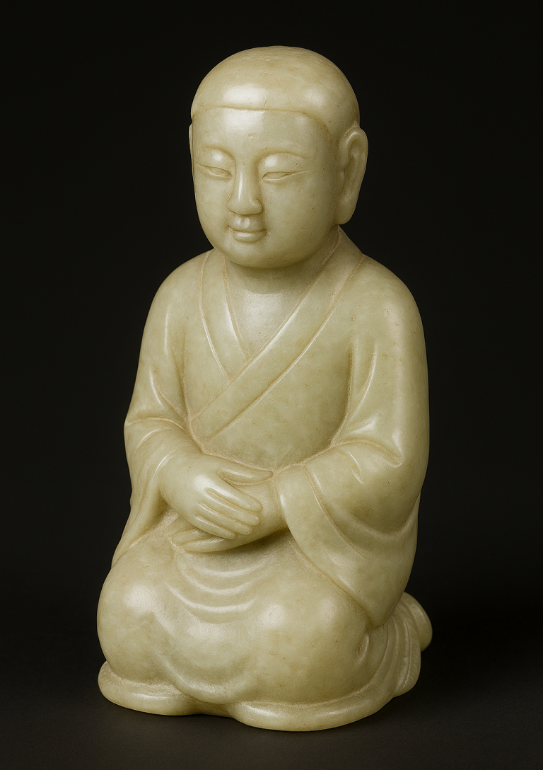 Helle Statue eines sitzenden Mönchs in traditioneller Kleidung.