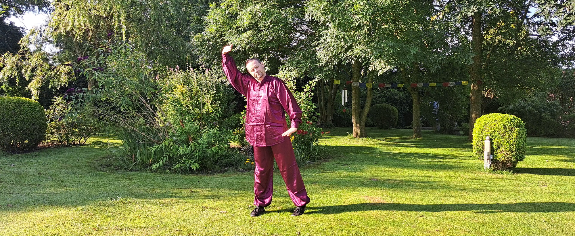 Eine Person in einem roten Anzug übt Tai Chi in einem grünen Garten.