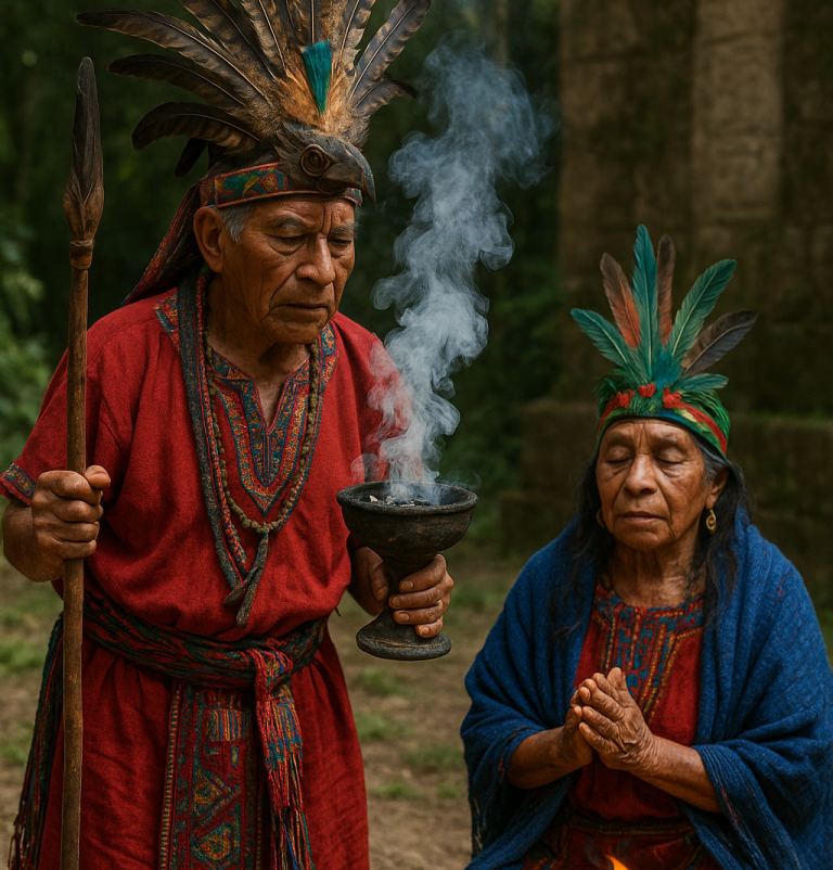 Personen in traditioneller Kleidung vollführen ein Ritual in einer mystischen Umgebung.