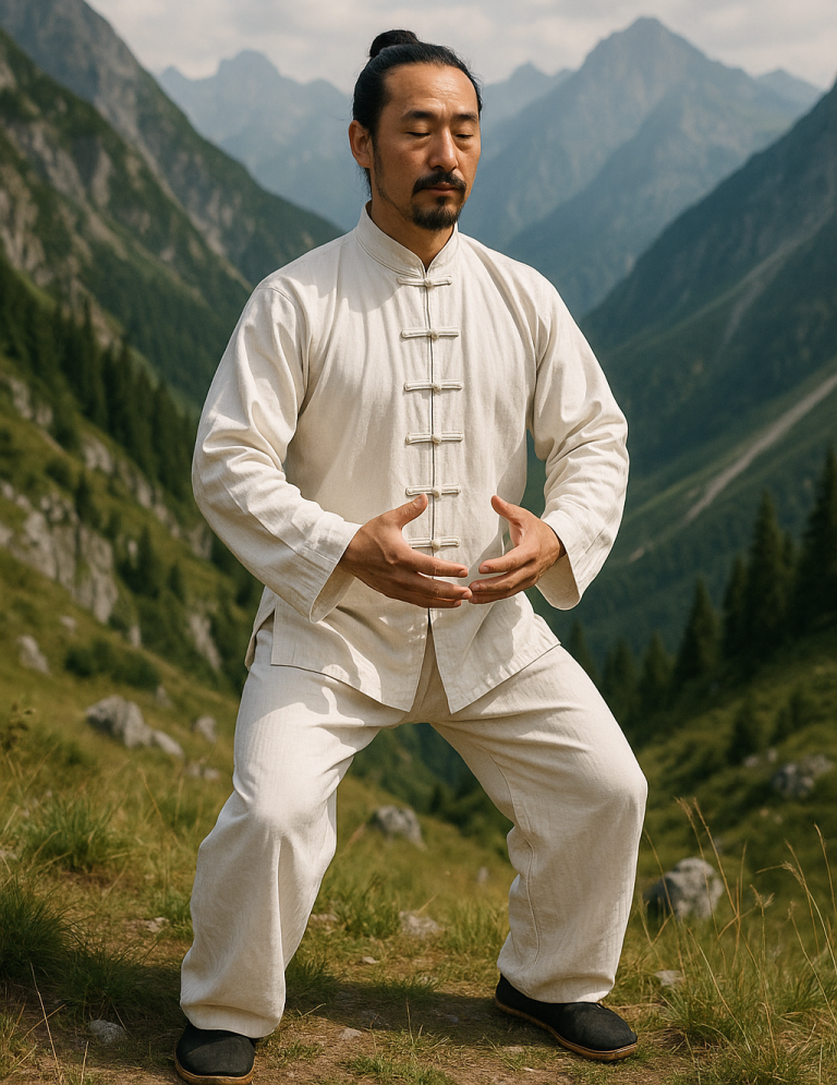Mann in traditioneller Kleidung übt Tai Chi in den Bergen.
