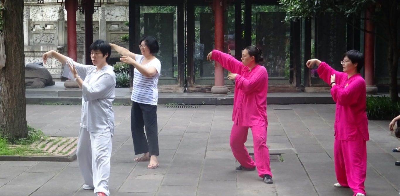 Menschliche Silhouetten üben Tai-Chi in einem Park, umgeben von grünen Bäumen.