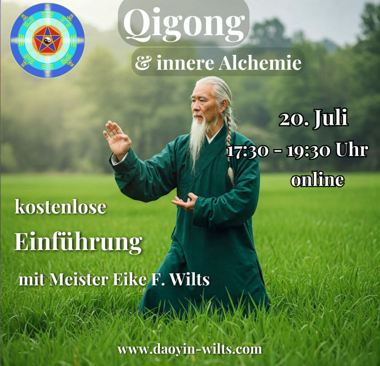 Eine junge Frau meditiert im Freien, umgeben von Bäumen, mit Text zu einem Qigong-Event.