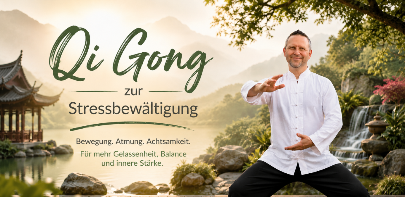 Person in traditioneller Kleidung steht am Wasser und führt eine Übung aus.