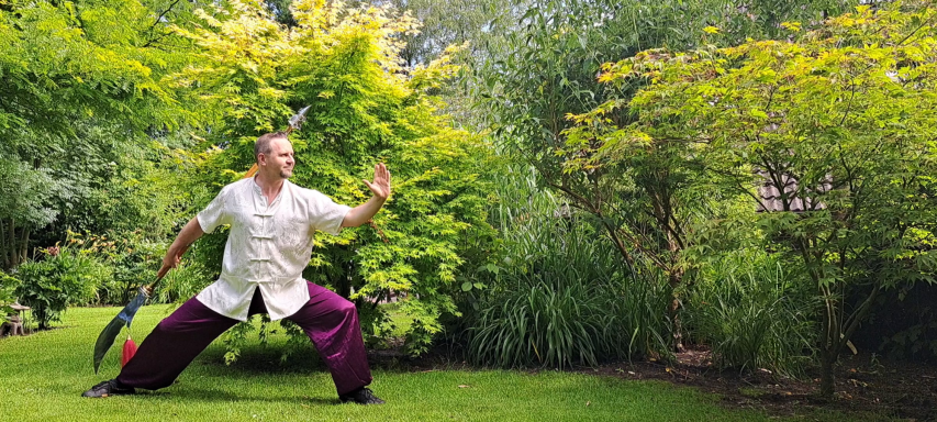 Eine Person übt Tai Chi in einem grünen Garten mit Bäumen und Sträuchern.