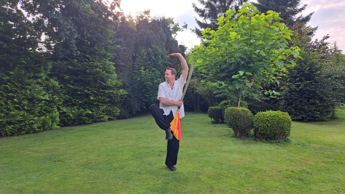 Person in Garten übt eine Tai-Chi-Bewegung vor einem Baum.